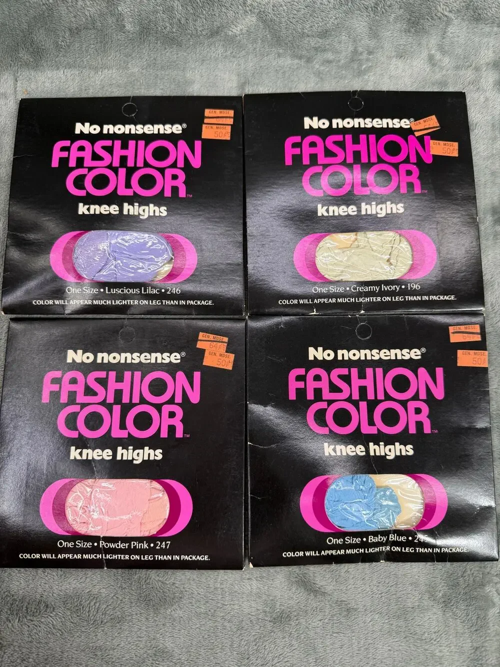 No Nonsense NOS Sealed Lot 4 Fashion Color Knee Highs Lilac Pink Blue Ivory 80s